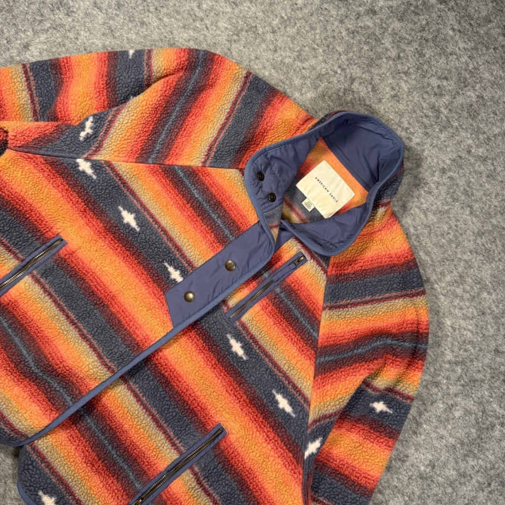 American Eagle Womens Southwestern Aztec Fleece Snap Pullover Orange Blue Small